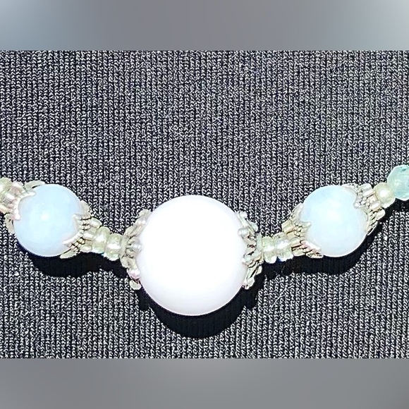 HAND CRAFTED Upcycled Blue White Silver Necklace earring set Feminine Delicate - Picture 5 of 14